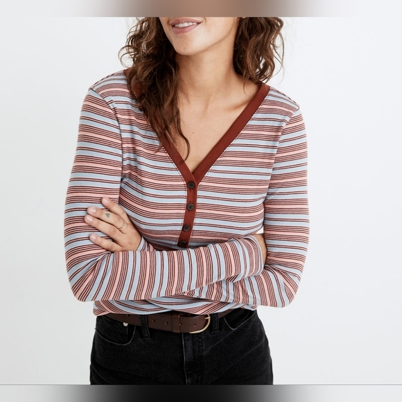 Madewell Womens Faded Tulip Stripe Henley Top Ribbed Knit Long Sleeve Sz S - Picture 1 of 15